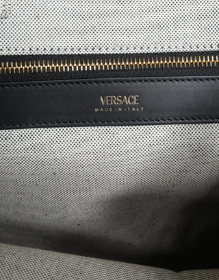 Versace White Top Handle Canvas Leather Logo Crossbody Tote Bag - Ginchy