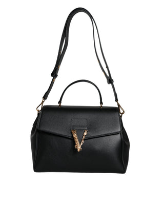 Versace Black Top Handle Grainy Calfskin Leather Crossbody Bag - Ginchy