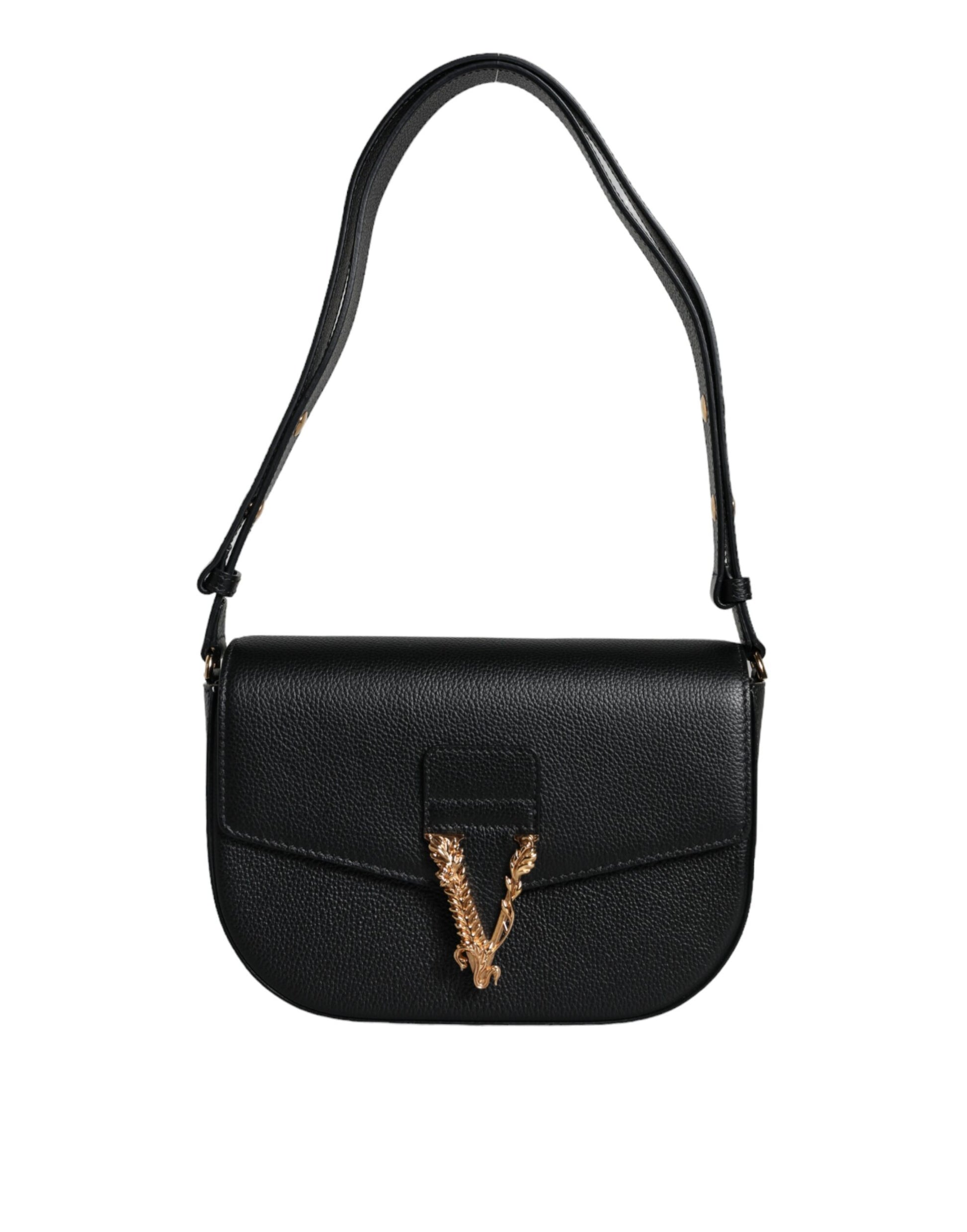 Versace Black Grainy Calf Leather Logo Crossbody Shoulder Bag - Ginchy