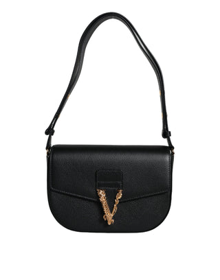 Versace Black Grainy Calf Leather Logo Crossbody Shoulder Bag - Ginchy