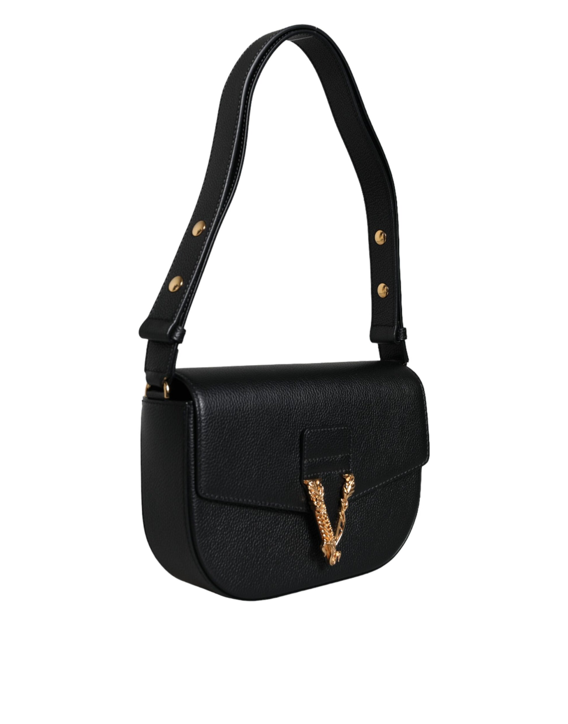 Versace Black Grainy Calf Leather Logo Crossbody Shoulder Bag - Ginchy