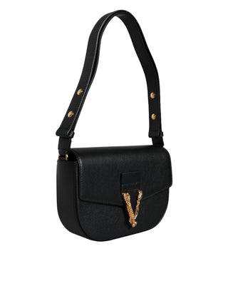 Versace Black Grainy Calf Leather Logo Crossbody Shoulder Bag - Ginchy