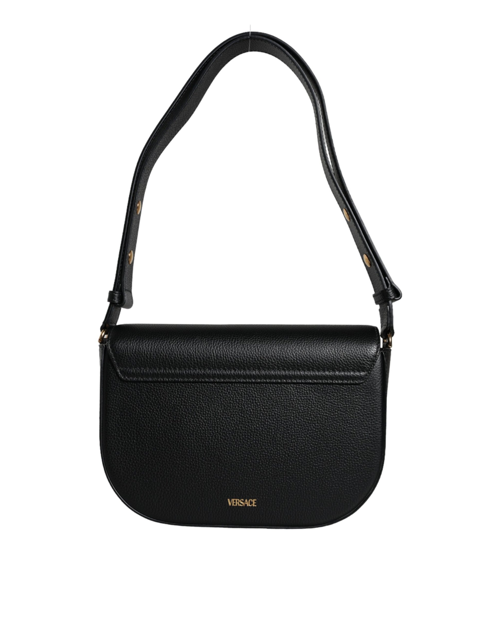 Versace Black Grainy Calf Leather Logo Crossbody Shoulder Bag - Ginchy