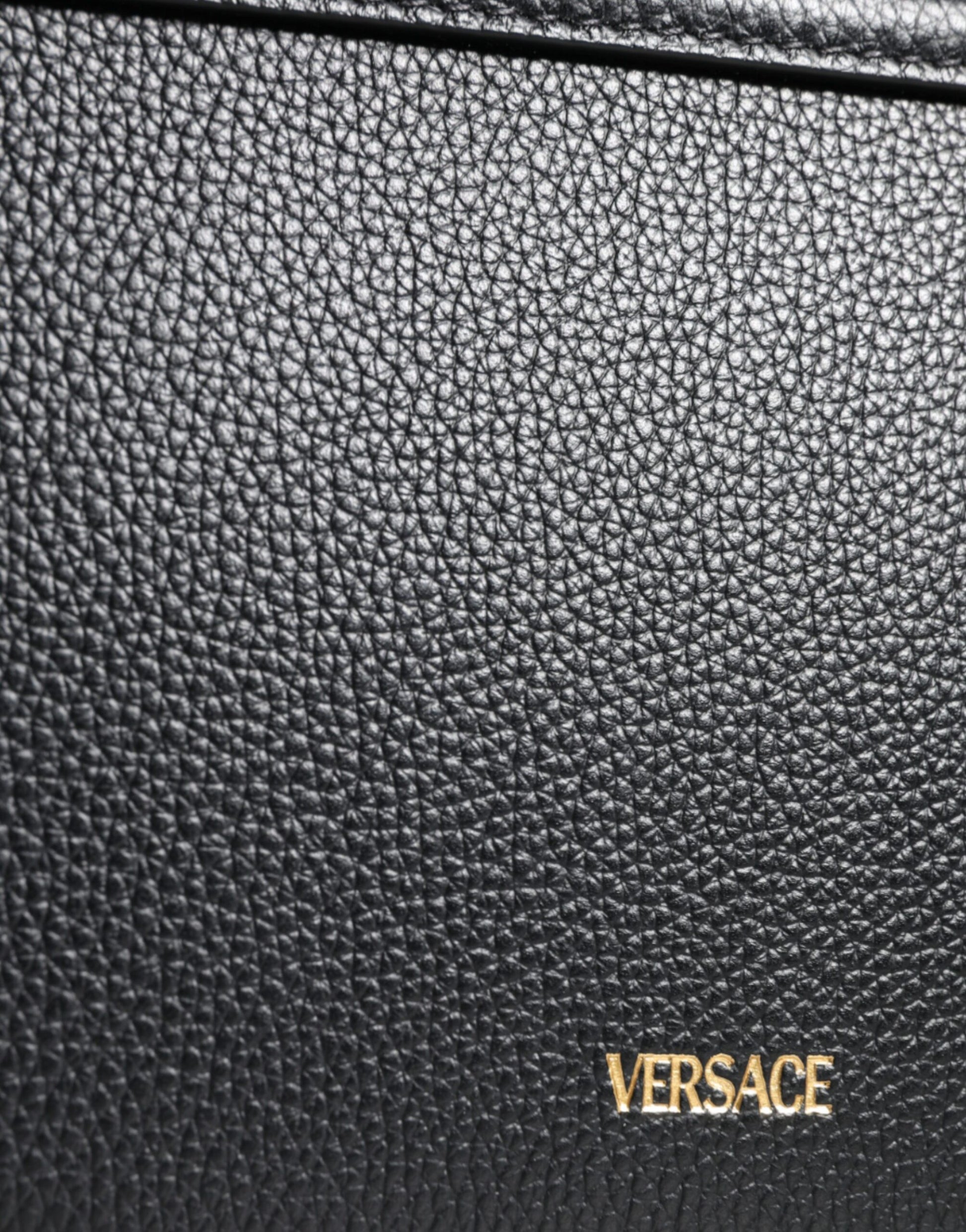 Versace Black Grainy Calf Leather Logo Crossbody Shoulder Bag - Ginchy