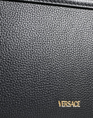 Versace Black Grainy Calf Leather Logo Crossbody Shoulder Bag - Ginchy