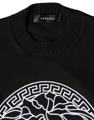 Versace Black Medusa Embroidery Crew Neck Pullover Sweater - Ginchy