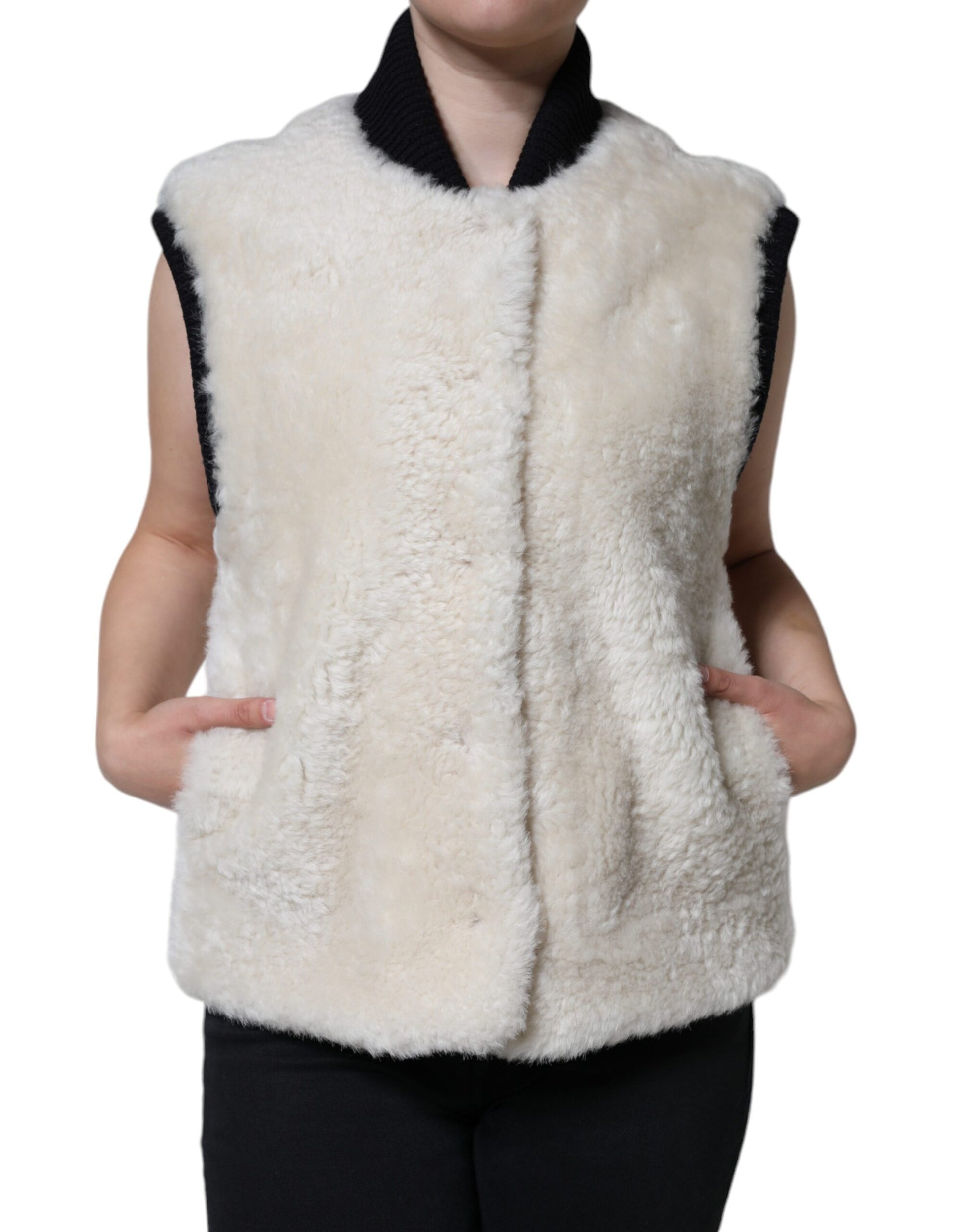 Burberry White WARRENFORD Shearling Leather Vest Coat Jacket - Ginchy