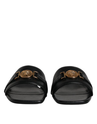 Versace Black Leather Logo Plaque Slip On Slides Flats Shoes - Ginchy