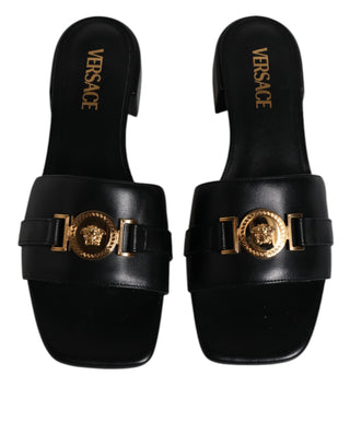 Versace Black Leather Logo Plaque Slip On Slides Flats Shoes - Ginchy
