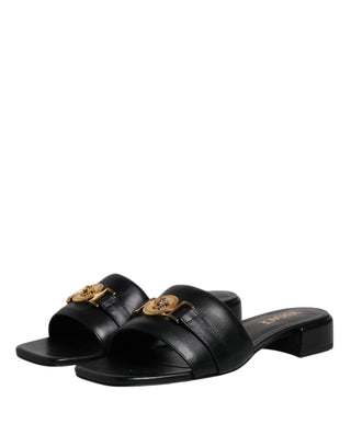 Versace Black Leather Logo Plaque Slip On Slides Flats Shoes - Ginchy