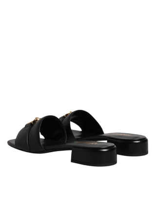 Versace Black Leather Logo Plaque Slip On Slides Flats Shoes - Ginchy