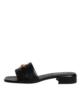 Versace Black Leather Logo Plaque Slip On Slides Flats Shoes - Ginchy