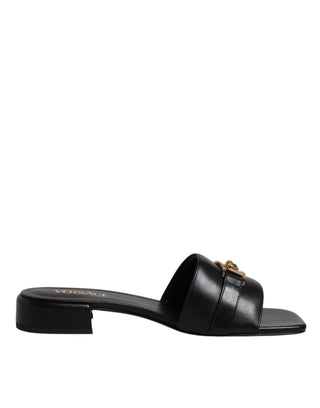 Versace Black Leather Logo Plaque Slip On Slides Flats Shoes - Ginchy