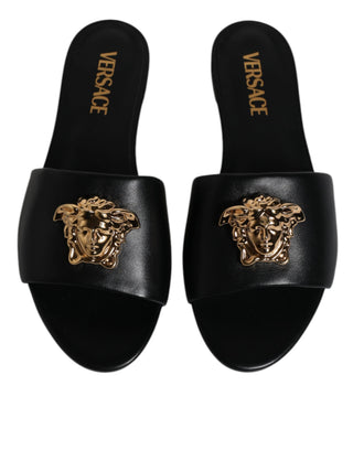 Versace Black Leather Logo Plaque Slip On Slides Flats Shoes - Ginchy