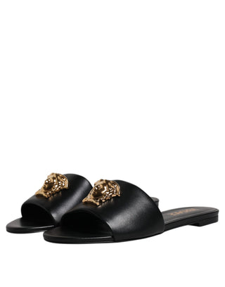 Versace Black Leather Logo Plaque Slip On Slides Flats Shoes - Ginchy