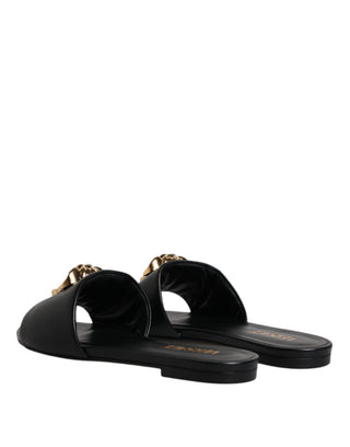 Versace Black Leather Logo Plaque Slip On Slides Flats Shoes - Ginchy