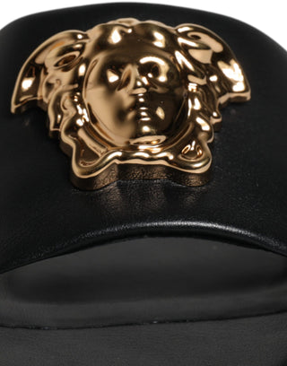 Versace Black Leather Logo Plaque Slip On Slides Flats Shoes - Ginchy