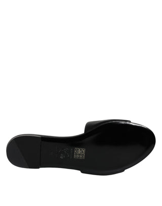 Versace Black Leather Logo Plaque Slip On Slides Flats Shoes - Ginchy
