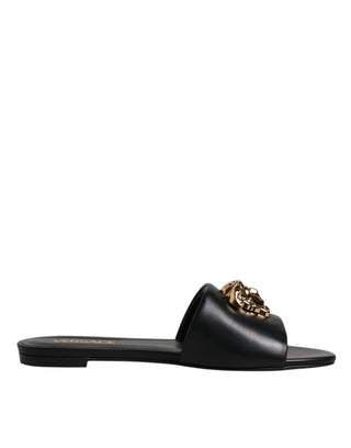 Versace Black Leather Logo Plaque Slip On Slides Flats Shoes - Ginchy