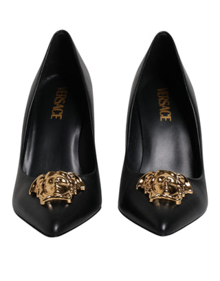Versace Black Leather Logo Plaque High Heels Pumps Shoes - Ginchy