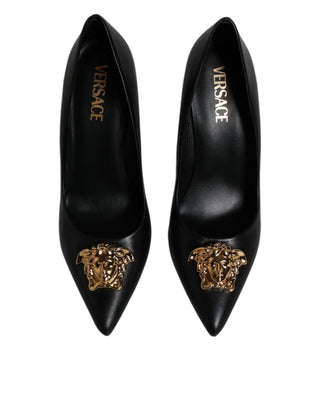 Versace Black Leather Logo Plaque High Heels Pumps Shoes - Ginchy