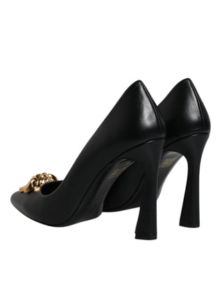 Versace Black Leather Logo Plaque High Heels Pumps Shoes - Ginchy