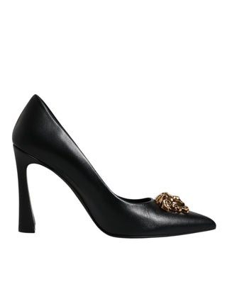 Versace Black Leather Logo Plaque High Heels Pumps Shoes - Ginchy