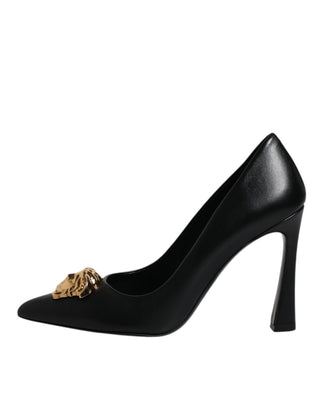 Versace Black Leather Logo Plaque High Heels Pumps Shoes - Ginchy