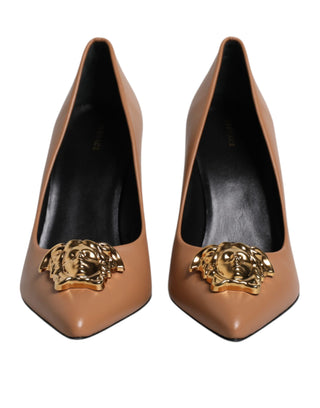 Versace Brown Leather Logo Plaque High Heels Pumps Shoes - Ginchy