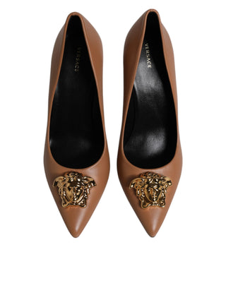 Versace Brown Leather Logo Plaque High Heels Pumps Shoes - Ginchy