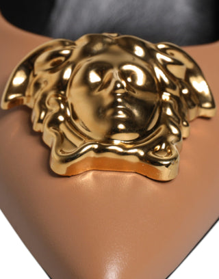 Versace Brown Leather Logo Plaque High Heels Pumps Shoes - Ginchy