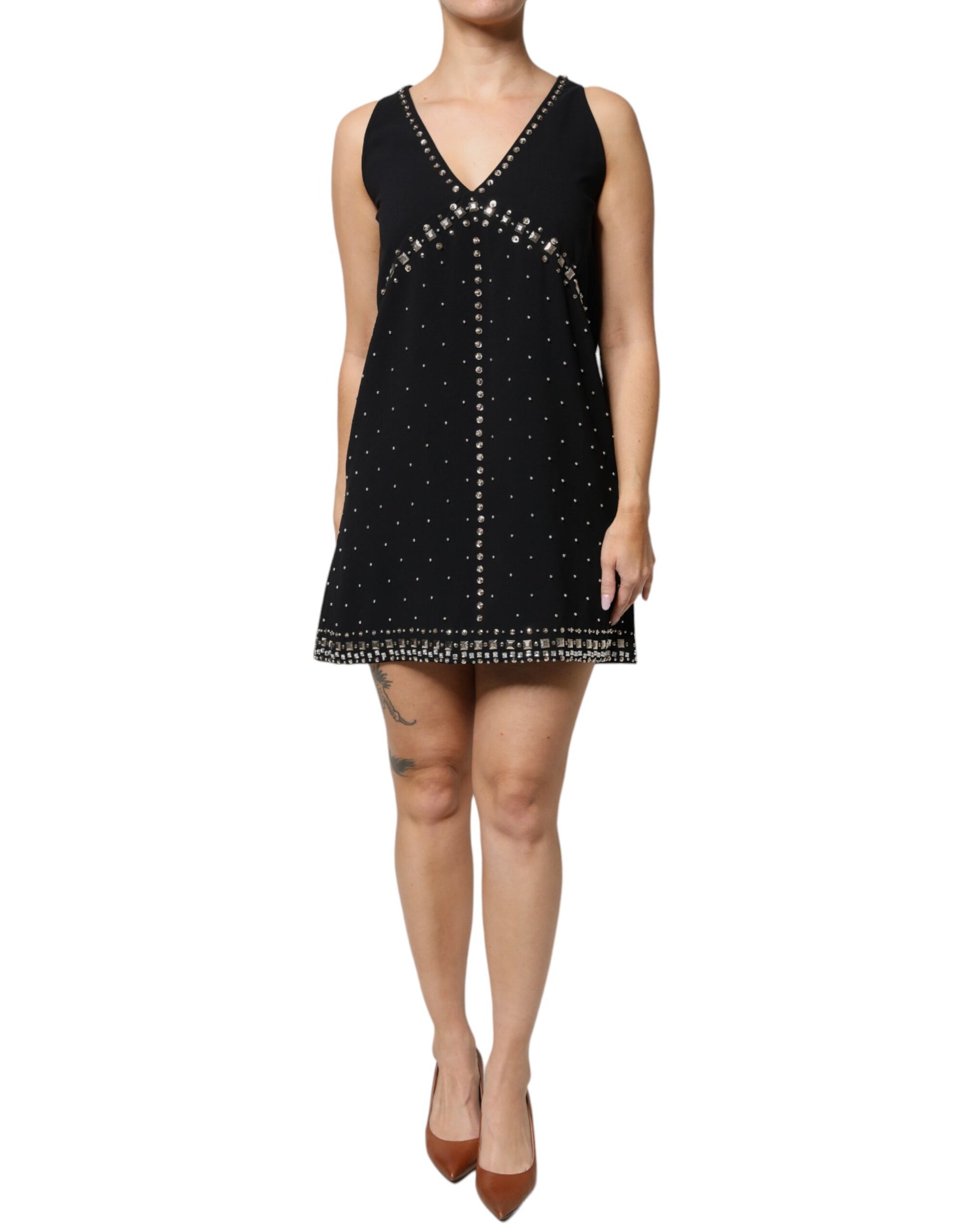 PINKO Black Embellished Polyester Sleeveless Shift A-line Mini Dress - Ginchy