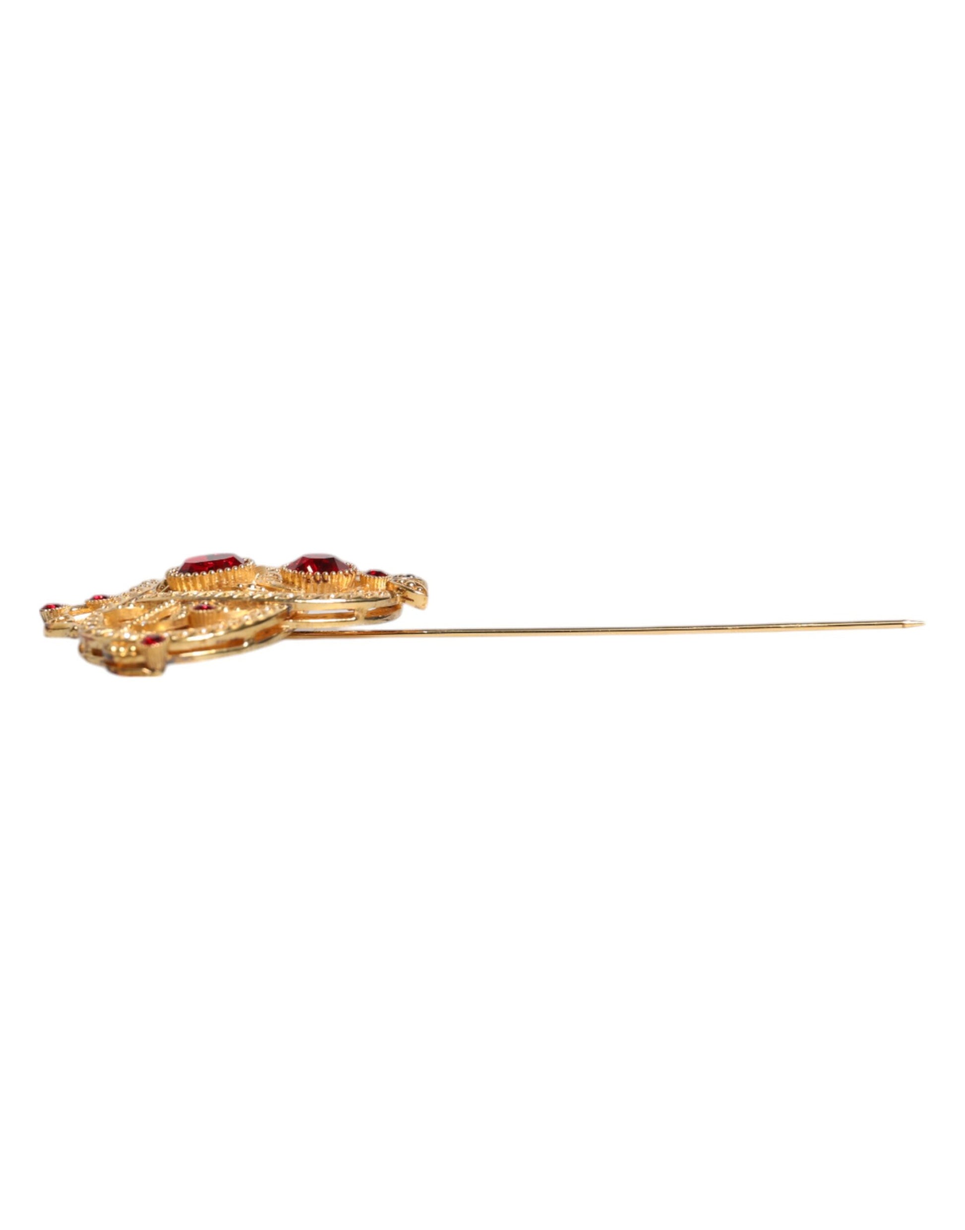 Dolce & Gabbana Gold Tone Red Crystal Embellish 925 Sterling Silver Pin