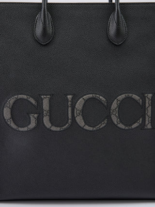 Gucci Black Leather Medium Tote Bag with Logo