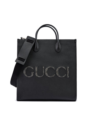 Gucci Black Leather Medium Tote Bag with Logo