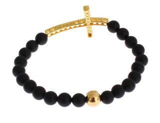 Nialaya Matte Onyx Stone Gold CZ Cross 925 Silver Bracelet
