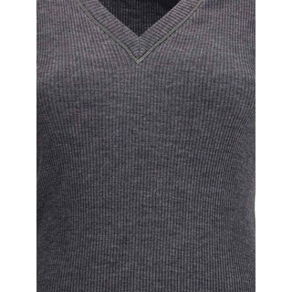 Brunello Cucinelli Long sleeve wool ribbed jersey T-shirt with shiny trim