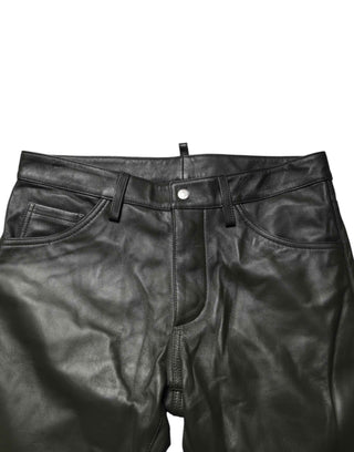 Dsquared² Black Full Grain Leather Mid Waist Trouser Pants